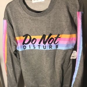 grey and rainbow striped sleeve sweater